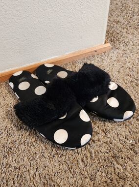 Victoria's Secret Black Faux Fur Slide Slippers with White Polka Dots